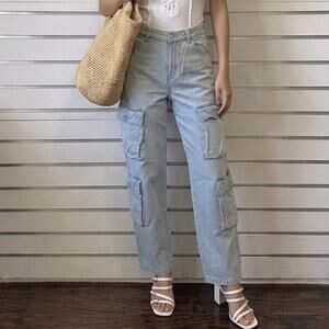 Light wash denim cargo pants